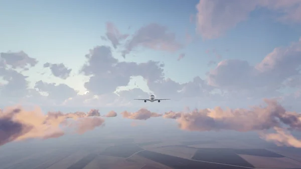 Avião de passageiros na vista frontal do céu — Fotografia de Stock