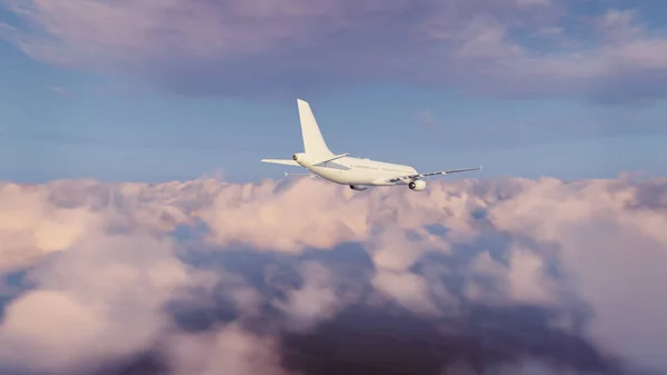 Avion de passagers dans un ciel nuageux vue arrière — Photo