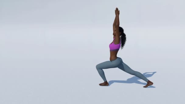 Mujer negra en yoga guerrero posan sobre fondo blanco animación loopable — Vídeo de stock