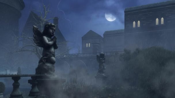 雨の夜 4 k アニメーションで古い霧公園でキューピッドの彫刻 — ストック動画