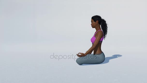 Femme africaine en méditation pose facile sur fond blanc boucle capable 4K — Video