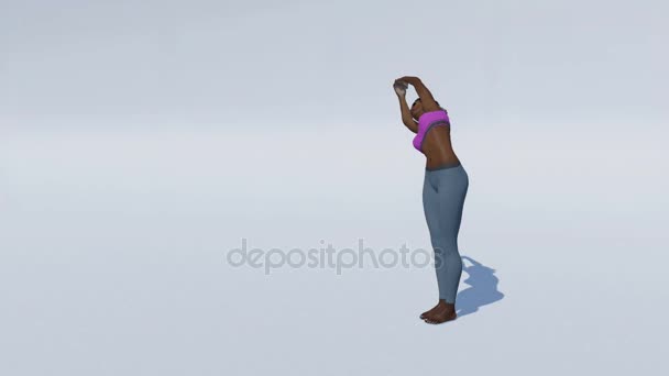 Mujer africana en medio luna yoga pose sobre fondo blanco animación 4K — Vídeo de stock