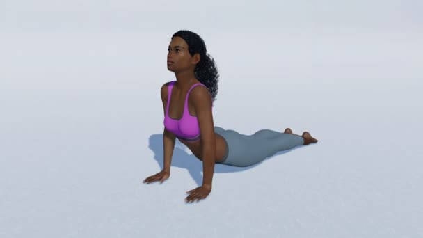 Svart kvinna i cobra pose yoga på vit bakgrund nära upp 4 k animation — Stockvideo