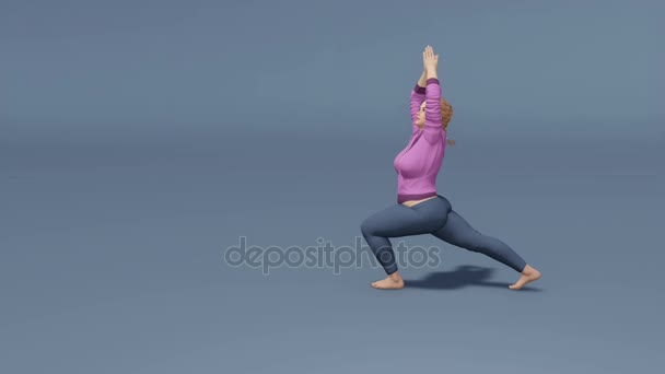 Full-figured young woman in warrior yoga pose loopable 4K animation — Stock Video