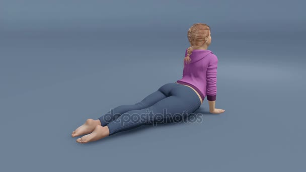 Joven mujer de figura completa en pose de cobra yoga sobre fondo gris 4K — Vídeos de Stock