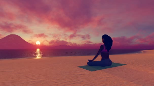 Afrikansk kvinna i meditation yoga poserar på tropisk strand vid soluppgången 4k — Stockvideo