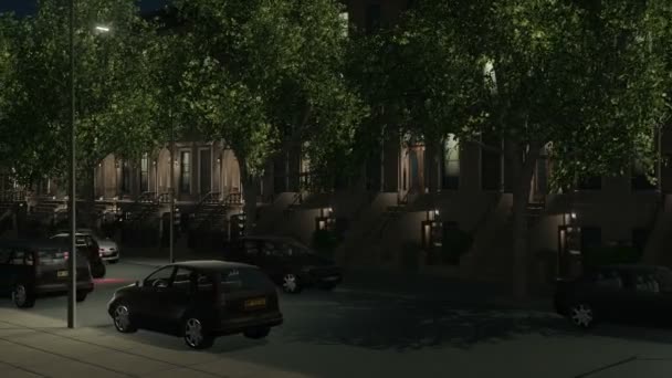 Noche calle de la ciudad con piedras marrones y coches 4K — Vídeos de Stock