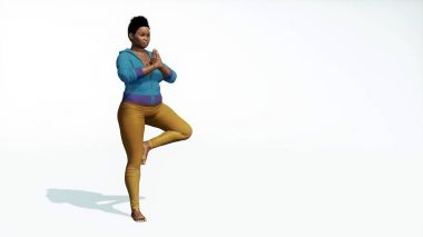 Artı boyutu Afrikalı kadın ağacında poz yoga beyaz arka plan üzerinde