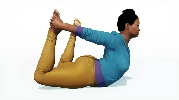 Plus storlek afrikansk kvinna i bow pose yoga på vit bakgrund — Stockfoto