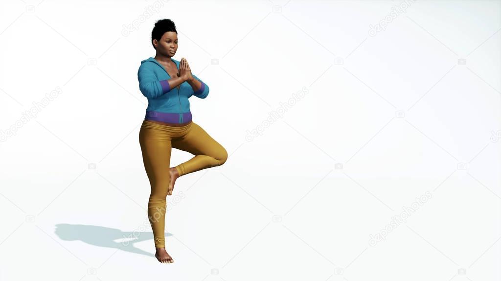 Plus size african woman in tree pose yoga on white background