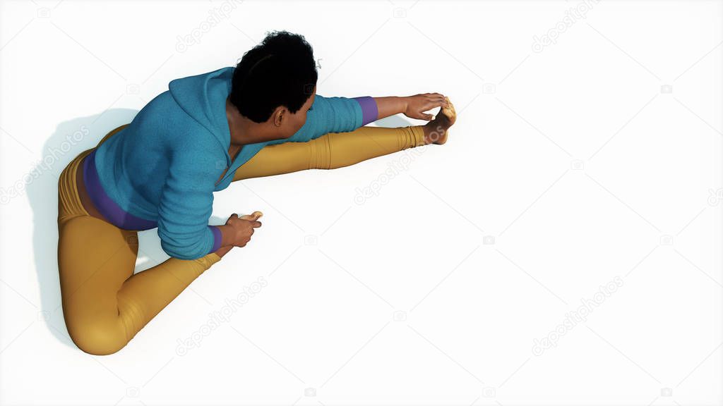 Plus size african woman doing stretching exercise top view on white background