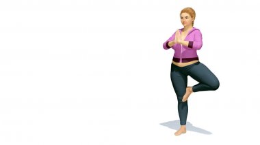 Artı boyutu sarışın kadın ağacında poz yoga beyaz arka plan üzerinde