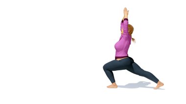 Artı boyutu sarışın kadın Warrior poz yoga beyaz arka plan üzerinde