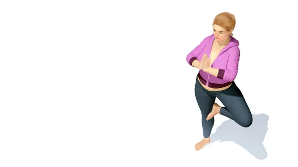 Bochtige Kaukasische vrouw in yoga vormen bovenaanzicht op witte achtergrond — Stockfoto