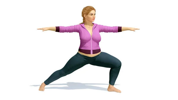 Além de tamanho mulher caucasiana em pose de ioga guerreiro no fundo branco — Fotografia de Stock