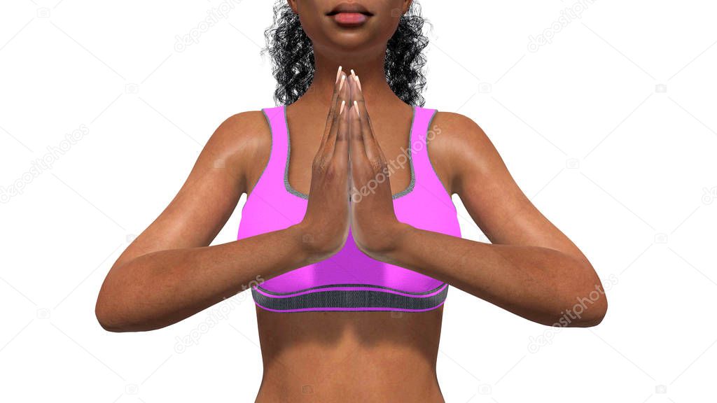 Slim african woman hands in namaste close up on white background