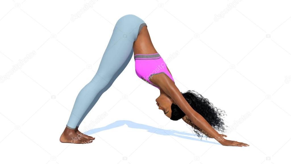 Young african woman practicing yoga on white background