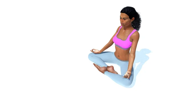 Mujer africana meditando en pose de loto yoga sobre fondo blanco — Foto de Stock