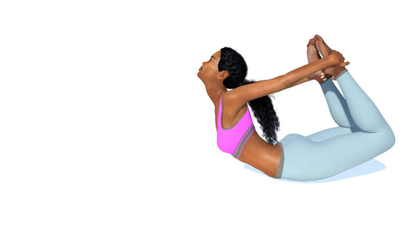 Slim african woman in bow pose yoga on white background