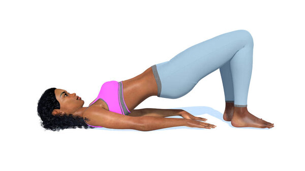 African woman in bridge pose yoga on white background