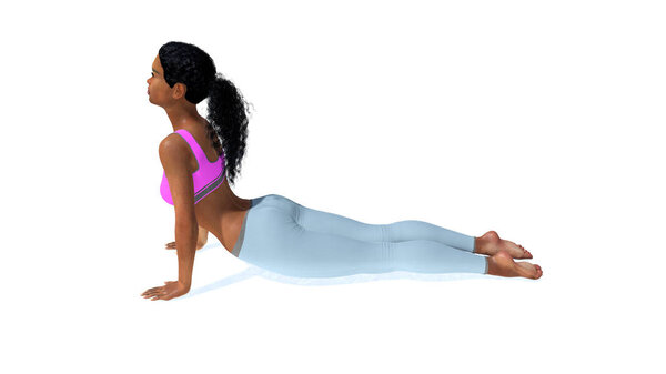 Sporty slim african woman in cobra yoga pose on white background
