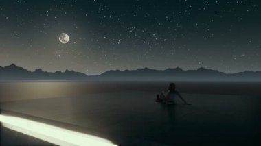 Gerçeküstü manzara 4 k animasyon gece gökyüzünde bakarak yalnız kadın