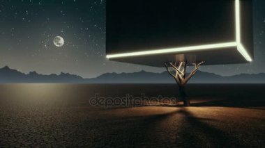 Gece 4k animasyon fantastik çöl ağacında Unreal yalnız küp