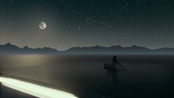 Одинокая женщина смотрит на ночное небо в сюрреалистическом пейзаже 4K анимации — стоковое видео