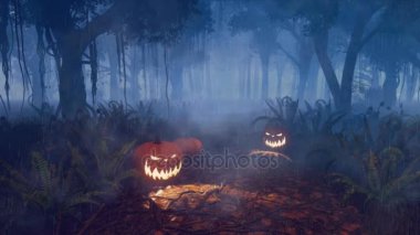 Korkunç gece orman yolu 4k üzerinde Halloween kabaklar