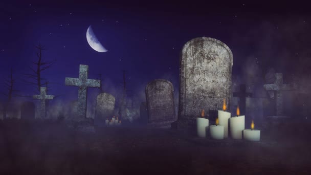 Spooky cemetery at misty moonlight night 4K — Stock Video