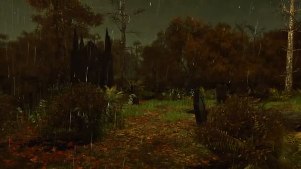 Verlaten kerkhof in de donkere regenachtige nacht 4k — Stockvideo