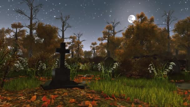 Старое надгробие в жутком ночном лесу 4K — стоковое видео