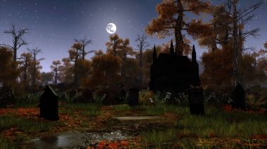 Ürkütücü gece ormanındaki eski mezarlık.