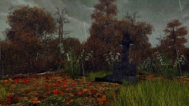 Mezar taşı çapraz sonbahar yağmur ormanında