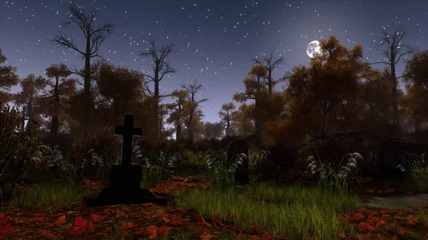 Old tombstone cross in creepy night forest