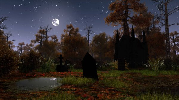 Заброшенное кладбище в лунную ночь