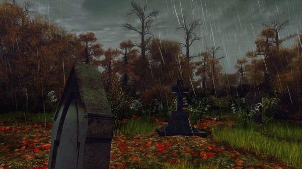 Tombstone na assustadora floresta de outono na chuva — Fotografia de Stock