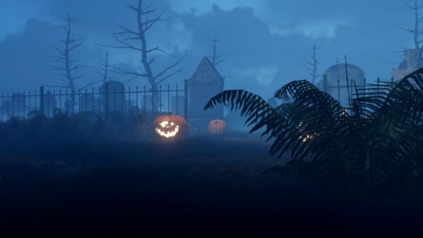 Хелловінські гарбузи на страшному нічному кладовищі 4K — стокове відео