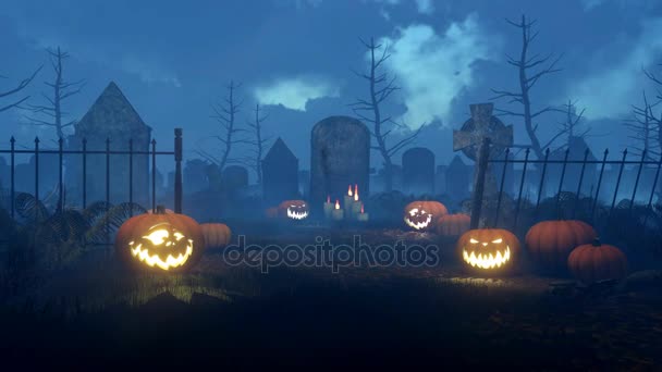 Jack-o-lantern pumpkins at night cemetery 4K — Stock Video