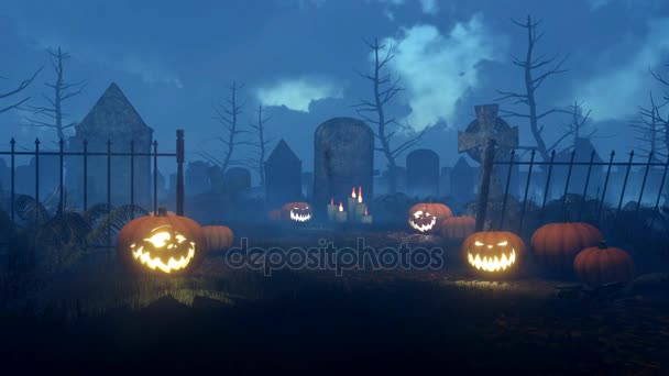 Calabazas Jack-o-lantern en el cementerio nocturno 4K — Vídeo de stock