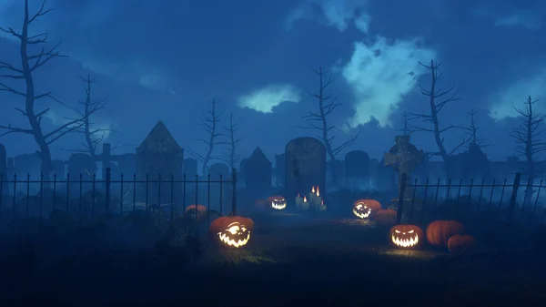 Cementerio nocturno espeluznante con calabazas de halloween —  Fotos de Stock