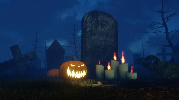 Abóbora de Halloween e velas acesas perto de lápide — Fotografia de Stock