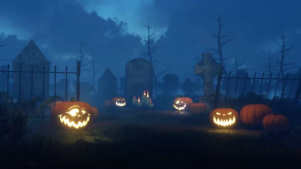 Halloween pumpkins at night cemetery — Stock Photo, Image