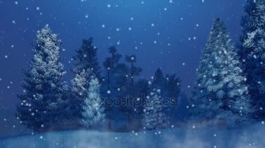 Huzurlu kış sahne ile kar köknar ağacı orman büyülü kar yağışı gece kaplı. Noel ve yeni yıl tatilleri 4 k'dan fazla işlenen cinemagraph tarzı için Festival arka plan