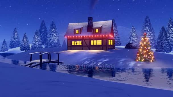 冷凍川や居心地の良い民家を小さな木製の橋は雪夜雪モミの森の中でクリスマスの装飾 でレンダリングされる装飾的な アニメ — ストック動画
