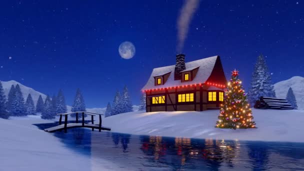 喫煙煙突と屋外居心地の良い照明の素朴な家は 雪の降る夜 満月の凍った川の海岸の近くのクリスマス ツリーを装飾されています でレンダリングされるお祭りの アニメーション — ストック動画