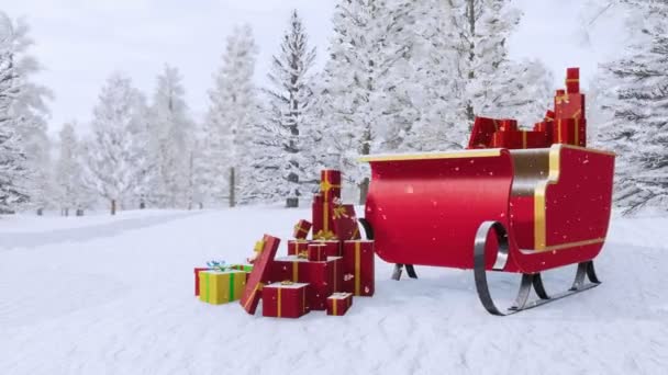 Mágikus Mikulás szán tele karácsonyi ajándékok között hó jelenet tartozó fenyő fa erdei havas téli napon. Fantasy, karácsony vagy újévi ünnepek nyújtott 4k, 3d animáció
