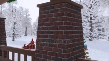 Lüks ev Noel için karlı gün onun verandada seksi Noel Baba kıyafetli santas atlı kızak ve sarışın kız açık aydınlatılmış çam ağacı ile dekore edilmiş. Xmas veya yeni yıl tatil için 3D animasyon