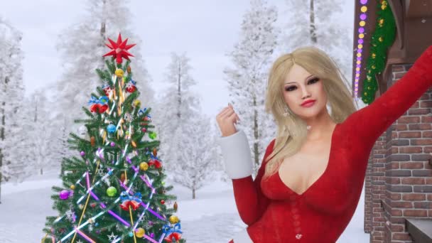Close Beautiful Blonde Girl Sexy Santa Claus Suit Outdoor Decorated — Stock Video
