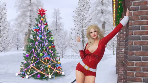 迷人的金发女郎在性感的圣诞老人西装和室外装饰圣诞树的雪森林背景下雪 Cinemagraph 风格的圣诞或新年假期 — 图库视频影像